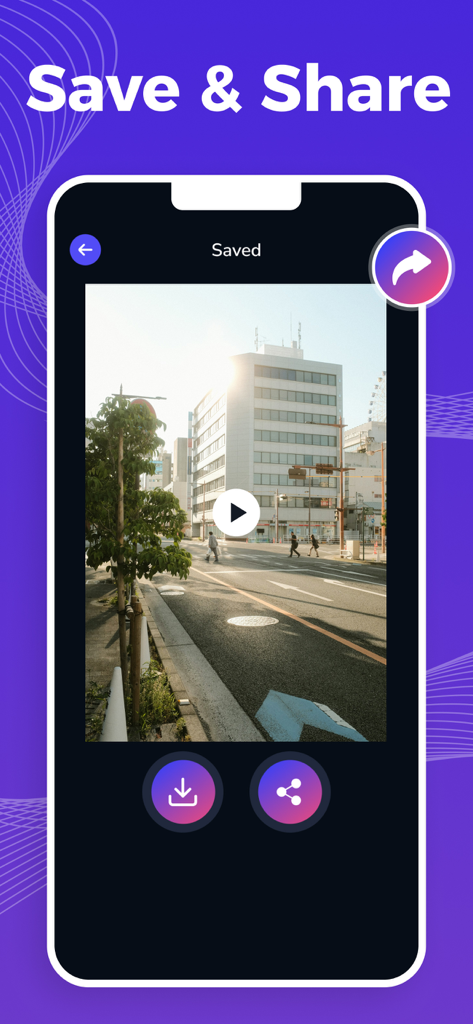 Video Downloader - Video Saver - 保存された街角のビデオとダウンロードおよび共有アイコンを表示するモバイルアプリのインターフェース。