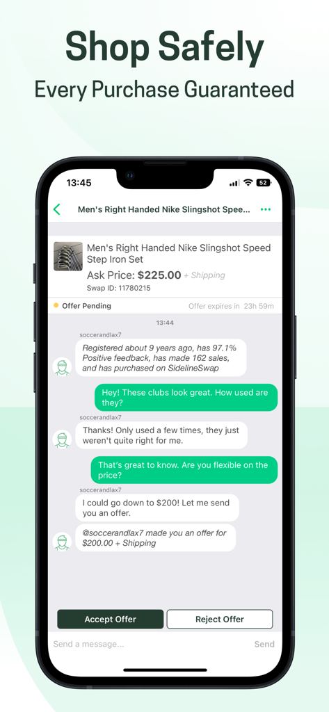 Chat interface in SidelineSwap app showing a buyer and seller negotiating a price for golf clubs.