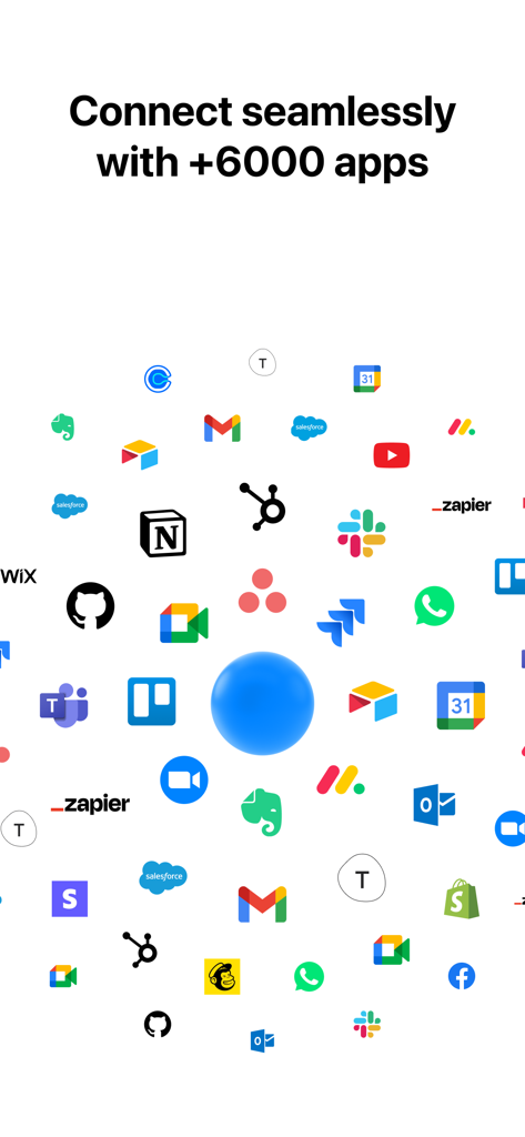 Gráfico que muestra Any.do conectándose con más de 6000 aplicaciones, incluidas Slack, Gmail y Google Calendar.
