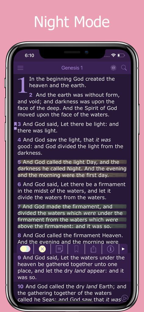 Bible for Women & Daily Study - Bible for Women app showing Genesis 1 verses in night mode on an iPhone
