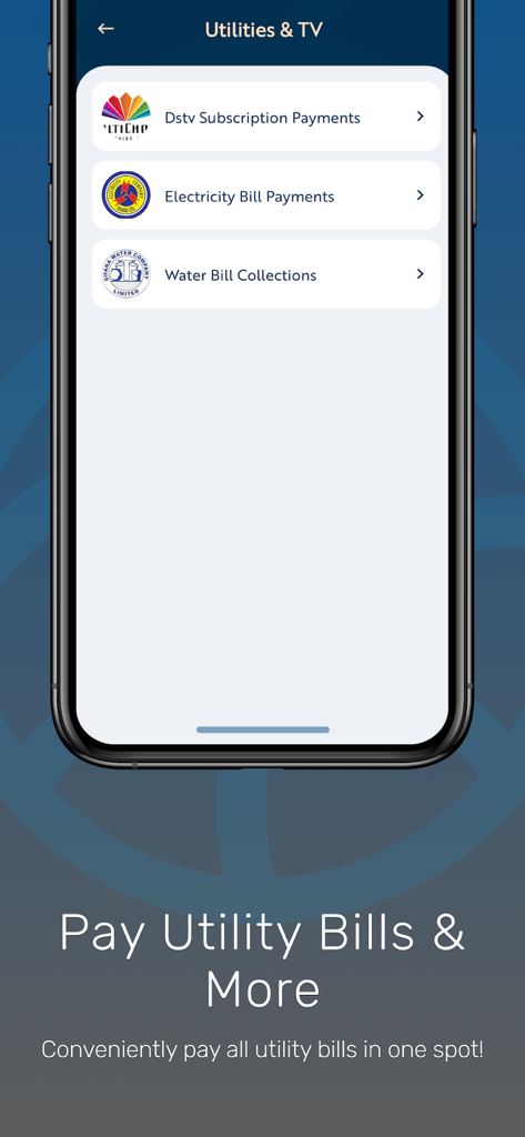 Transflow Mobile app screen showing utility and TV bill payment options for services like DStv electricity and water