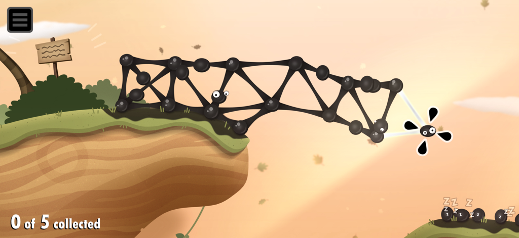 Black goo balls connected to form a bridge over a cliff in World of Goo 2.