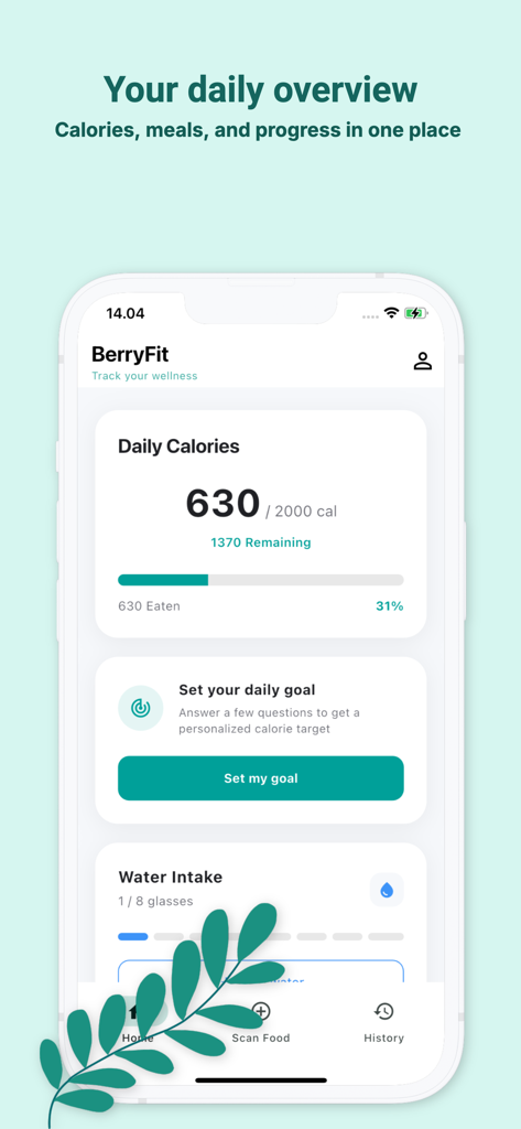 Panel de la aplicación BerryFit que muestra el progreso de calorías diarias, la ingesta de agua y la configuración de objetivos