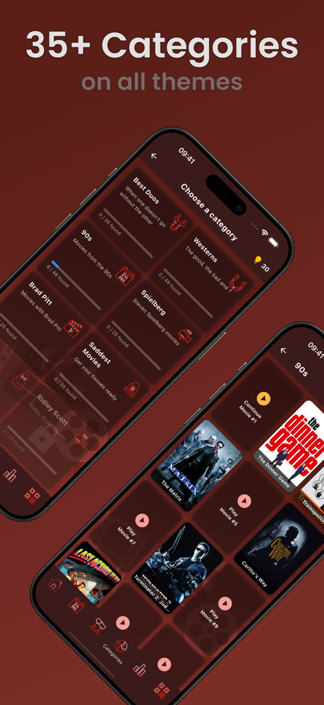 What Movieアプリのインターフェース。ウエスタン、スピルバーグ、90年代の映画など、35以上のテーマ別カテゴリが表示されます