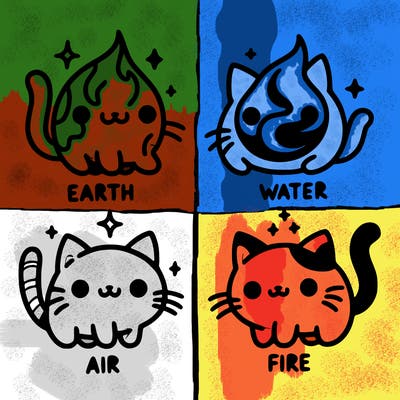 4 cats that represent the different elements, earth, water, air, and fire