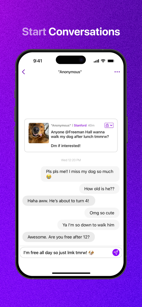 Mobile interface of the Fizz app showing students starting an anonymous conversation on a college campus