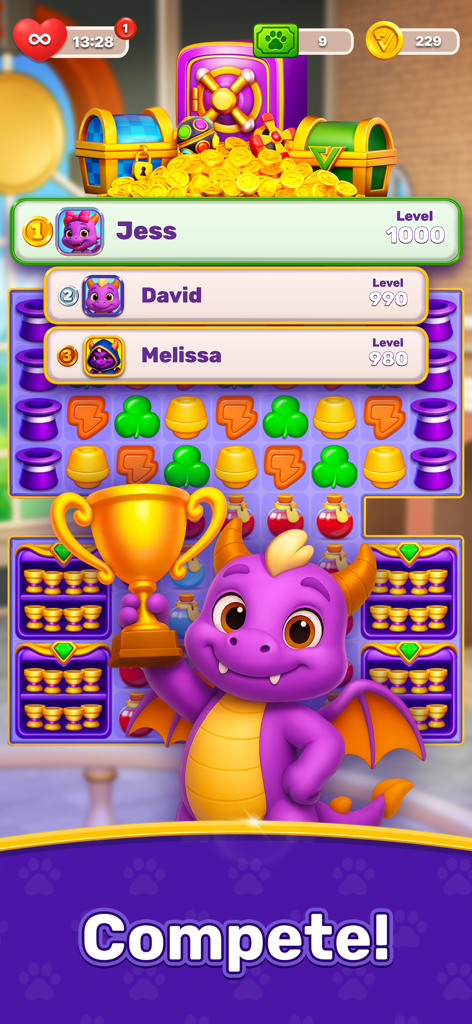 Un dragón morado mascota sosteniendo un trofeo dorado frente a una tabla de clasificación de jugadores en Roy Story