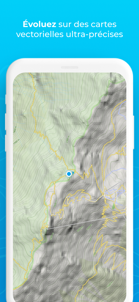 Helloways - GPS de randonnée - Interfaz de la aplicación móvil Helloways que muestra un mapa vectorial topográfico detallado para senderismo y navegación GPS.