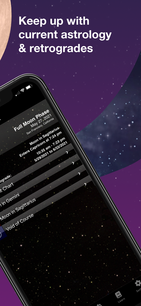 TimePassages Legacy - TimePassages Legacy app displaying full moon phases and current astrological retrogrades on a starry background.