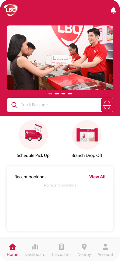 LBC Express - LBC Express mobile app home screen showing package tracking and options for rider pickup or branch drop off