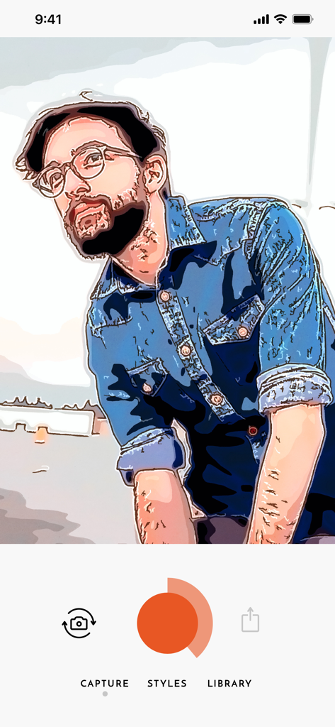 A man with glasses and a beard in a denim shirt shown with a hand-drawn artistic illustration filter in the Olli app.