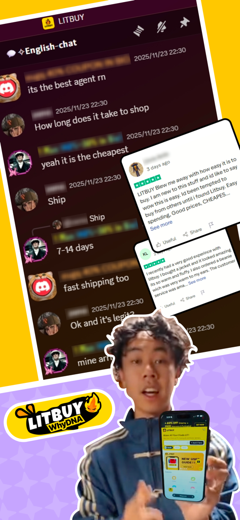 A collage showing LitBuy app user testimonials community chat feedback and a person holding the mobile application interface