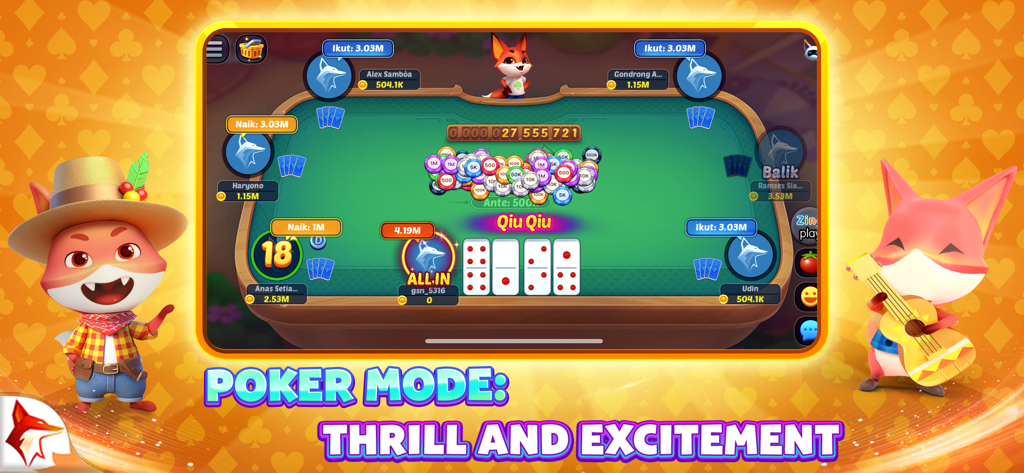 Interfaz del juego móvil Domino ZingPlay que muestra el modo Póker y la jugabilidad de Qiu Qiu con fichas digitales y fichas de dominó
