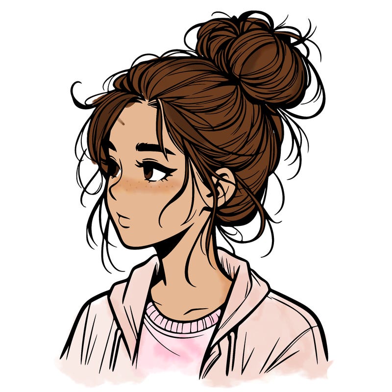 realistic teenage girl with a messy bun