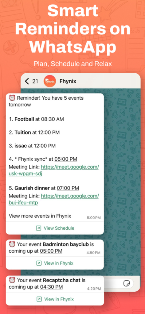 Fhynix: AI Daily Planner, Todo - Screenshot of Fhynix AI planner showing a list of daily events and automated meeting reminders sent through a WhatsApp chat interface.