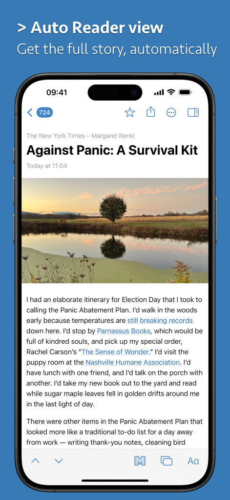 News Explorer app displaying a full article in its automatic reader mode on an iPhone