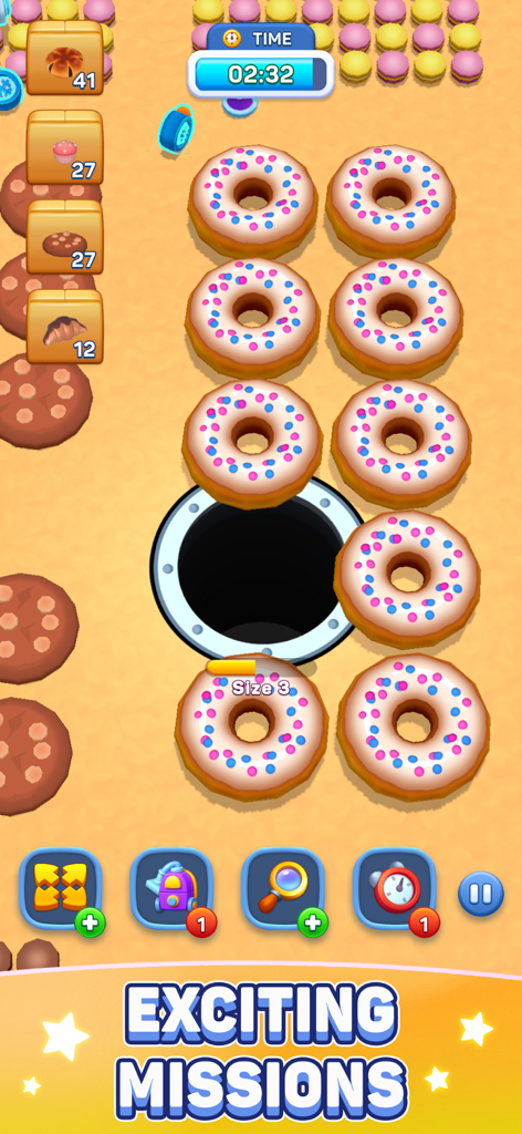 Hole Eats All - Hole Eats All gameplay showing a black hole swallowing donuts in a mission