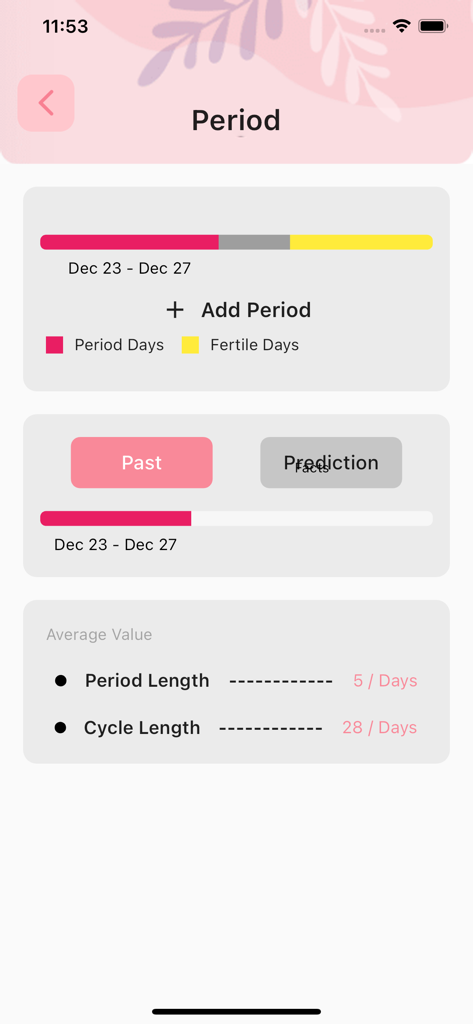 MenstruMate - Period Calender - MenstruMate app interface showing menstrual cycle statistics and period history