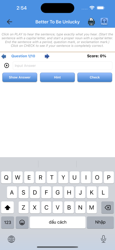 Learn English By Stories + - English listening and dictation test screen with typing input