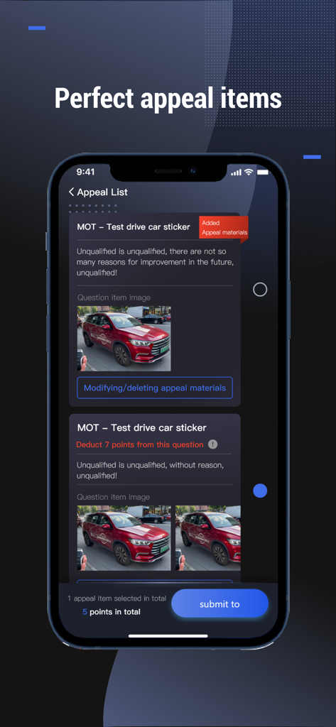 BYD Smart Operations - BYD Smart Operations app showing the appeal list interface for vehicle inspection and brand standard compliance