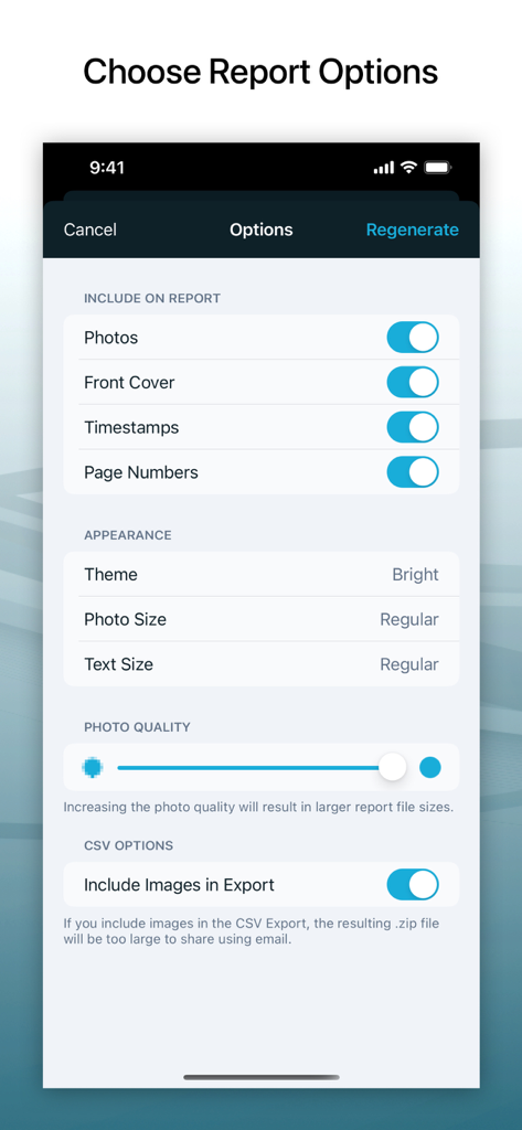 Site Audit Pro - Interface for customizing audit report options including photo quality and timestamps