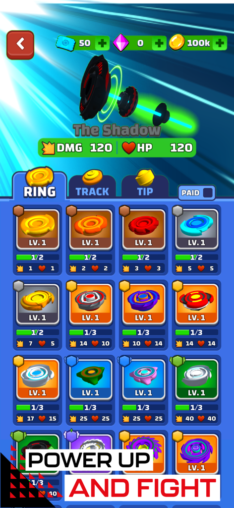 Customization menu in Spinner Fighter Arena showing various upgradeable spinner ring parts and stats