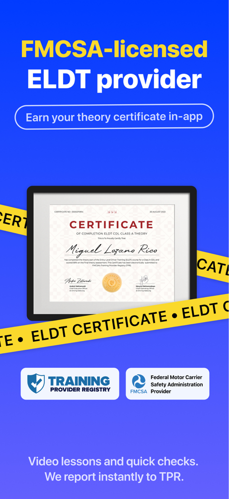 CDL Prep Practice Test Genie - A screenshot showing the app is an FMCSA-licensed ELDT provider with an example of an in-app theory completion certificate.