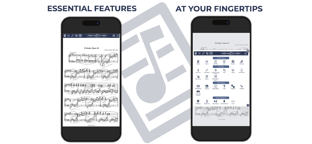MusicReader - MusicReader app displaying digital sheet music and its essential feature menu on two mobile phones.