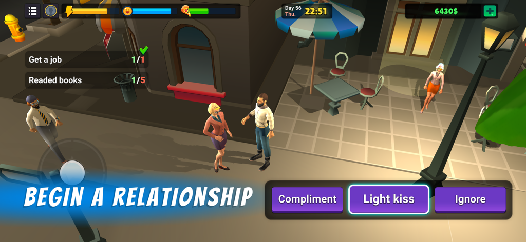 L.A. Story - Life Simulator - Characters interacting in the L.A. Story life simulator with relationship choice buttons