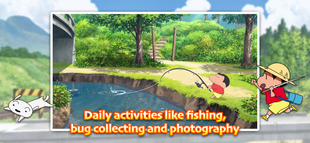 Shin chan: Summer Vacation - Shin chan fishing in a scenic river during his summer vacation in the countryside.