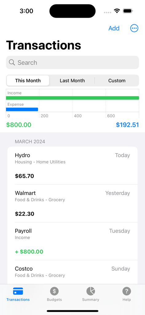 Spendwise app transaction list showing monthly income and expenses with category breakdowns