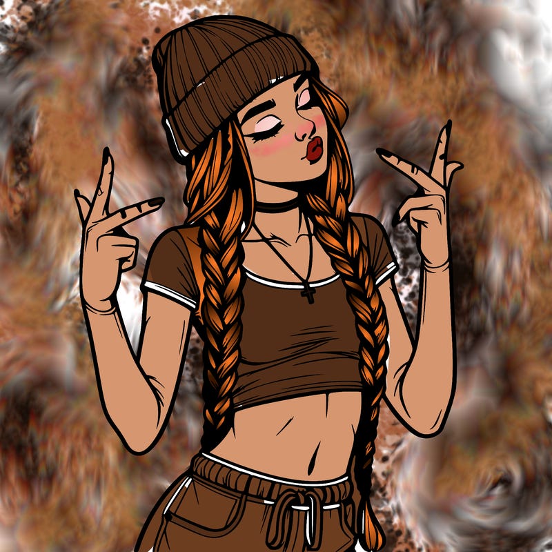 realistic teenage girl with braids and a beanie and crop top doing 🫶🏼