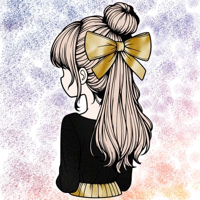 realistic girl  with hip length hair a bun and a big bow on the back of head