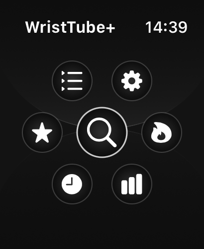 WristTube plus main menu interface on Apple Watch