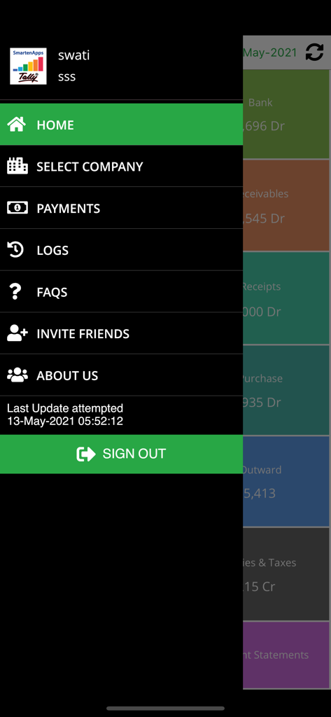 SmartenApps for Tally - Navigation sidebar of the SmartenApps for Tally mobile app featuring options like Home Select Company and Payments