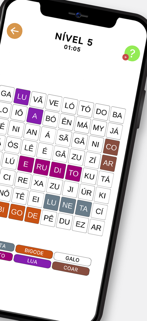Caça-Palavras Silábico - Tela de jogo de caça-palavras silábico em português mostrando uma grade de sílabas com palavras encontradas destacadas em cores diferentes em um iPhone.