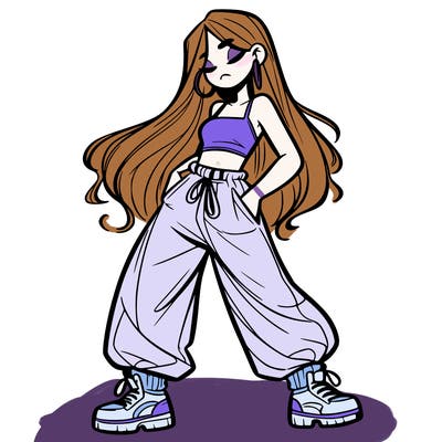 girl in baggy pants crop top and long hair