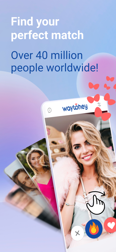 WayToHey: Foreign Dating - A mobile screen showing the WayToHey app interface with user profiles and a swiping gesture for international dating.