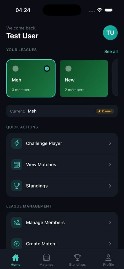 Home dashboard of the Snooker Pool League app showing league selection, quick actions for challenges, and management tools.
