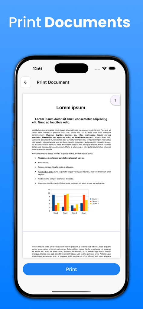 Printer App: Photo & Scan Pdf - Una interfaz de aplicación móvil que muestra una vista previa de un documento y un botón de impresión azul