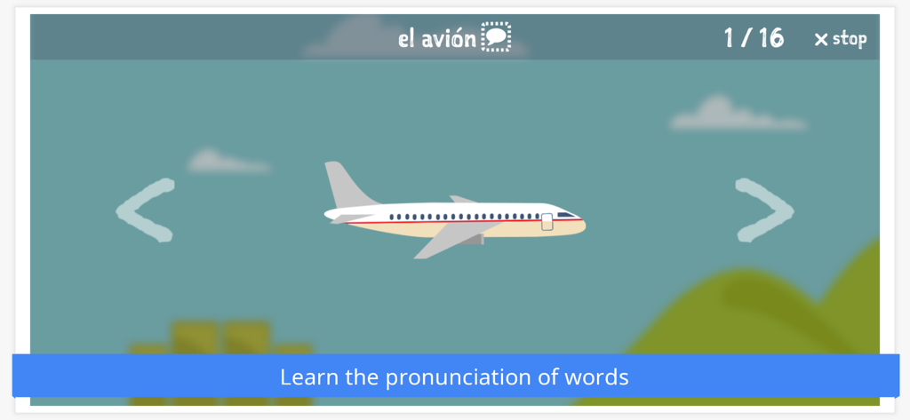 Learn Languages With Emma - Un niño aprendiendo vocabulario en español con una ilustración de avión en la aplicación Emma.