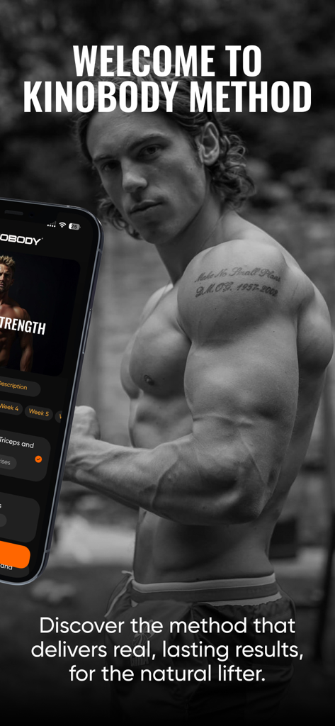 Kinobody Fitness - A muscular man flexing next to a smartphone displaying the Kinobody Fitness app interface