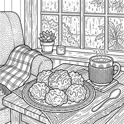 Indulge in the warmth of a cozy afternoon with our charming Apple Fritters on a Rainy Day coloring page. This delightful scene combines comforting treats with the peaceful ambiance of a storm outside, offering a perfect creative escape.