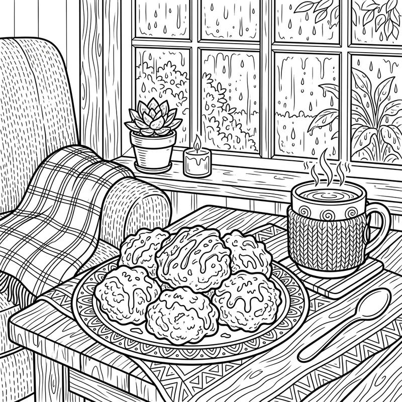 Indulge in the warmth of a cozy afternoon with our charming Apple Fritters on a Rainy Day coloring page. This delightful scene combines comforting treats with the peaceful ambiance of a storm outside, offering a perfect creative escape.