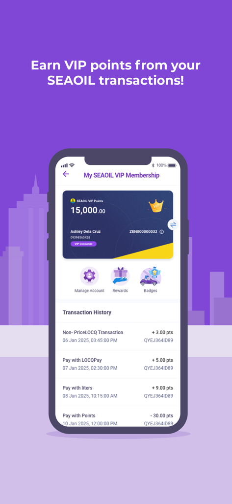 PriceLOCQ - Screenshot of the PriceLOCQ app showing SEAOIL VIP membership points and transaction history.
