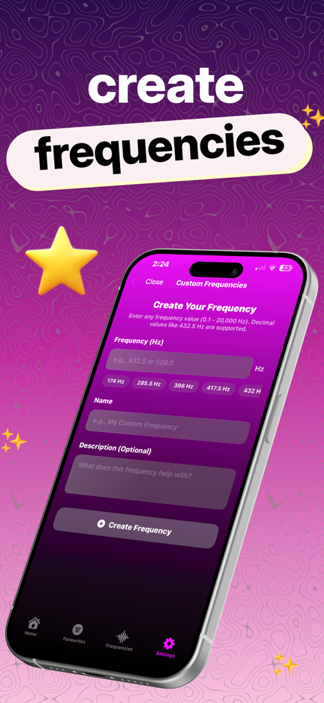 HZ Frequency Generator App - Interface of the HZ Frequency Generator app showing the custom frequency creation screen with Hz input and presets