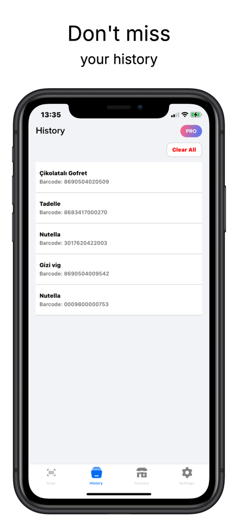 Allergen Scanner: Food Check - Una lista de productos alimenticios escaneados en la pestaña de historial de la aplicación Escáner de Alérgenos