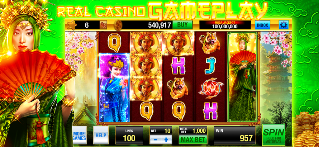Golden Spin - Slots Casino - Gameplay di Golden Spin Slots Casino che mostra una slot machine a tema asiatico con un personaggio femminile