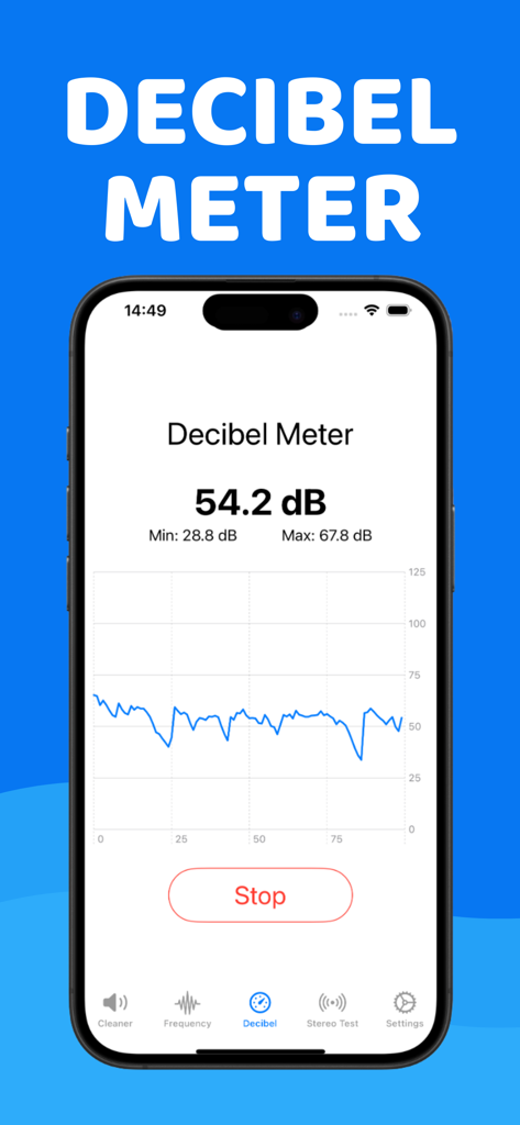 Clear Wave: Water Eject - iPhone screen displaying the Clear Wave app decibel meter feature measuring sound levels in real-time