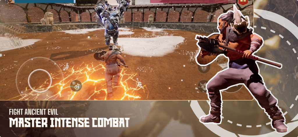 Nepa: Saga - Epic Offline RPG - Un personaje guerrero luchando contra un enemigo gigante de piedra en Nepa Saga Epic Offline RPG